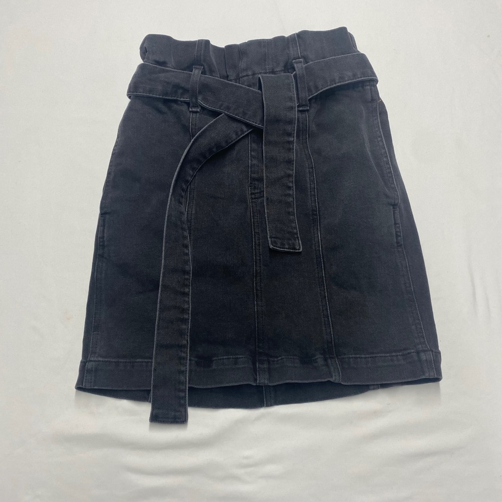 Madewell Washed Black Paperbag Waist Denim Mini Skirt XXS Tie Belt Pockets